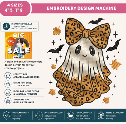Cute Ghost with Leopard Bow Embroidery Design, Halloween Ghost Machine Embroidery File, Leopard Print Ghost, PES DST EXP JEF VP3 HUS XXX