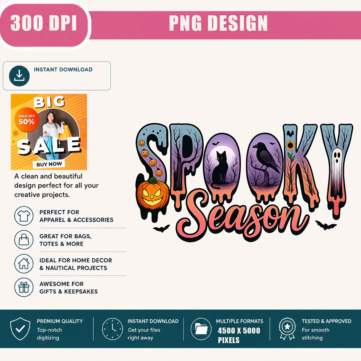 Spooky Season PNG Sublimation Design - Retro Halloween Shirt Digital Download - Ghost Pumpkin Black Cat Raven 300 DPI PNG File