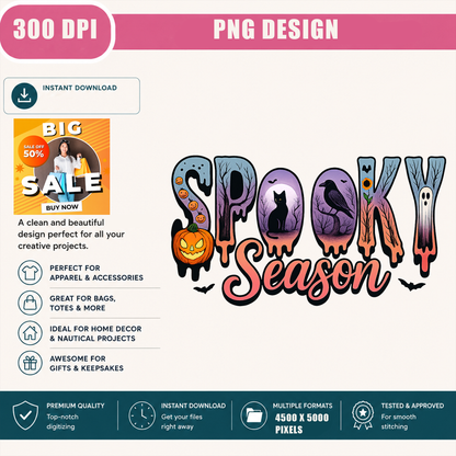Spooky Season PNG Sublimation Design - Retro Halloween Shirt Digital Download - Ghost Pumpkin Black Cat Raven 300 DPI PNG File