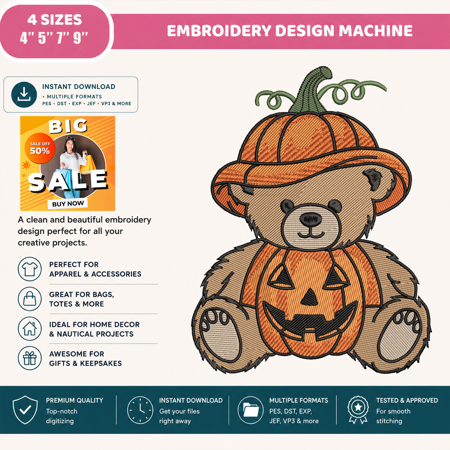 Pumpkin Teddy Bear Machine Embroidery Design - Cute Halloween Bear Digital File (4in, 5in, 7in, 9in) - EMB, DST, JEF, EXP, PES, VP3, HUS, XXX