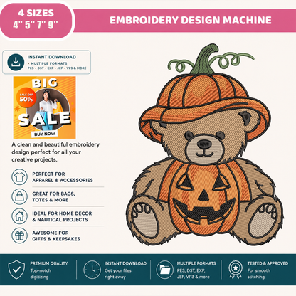 Pumpkin Teddy Bear Machine Embroidery Design - Cute Halloween Bear Digital File (4in, 5in, 7in, 9in) - EMB, DST, JEF, EXP, PES, VP3, HUS, XXX