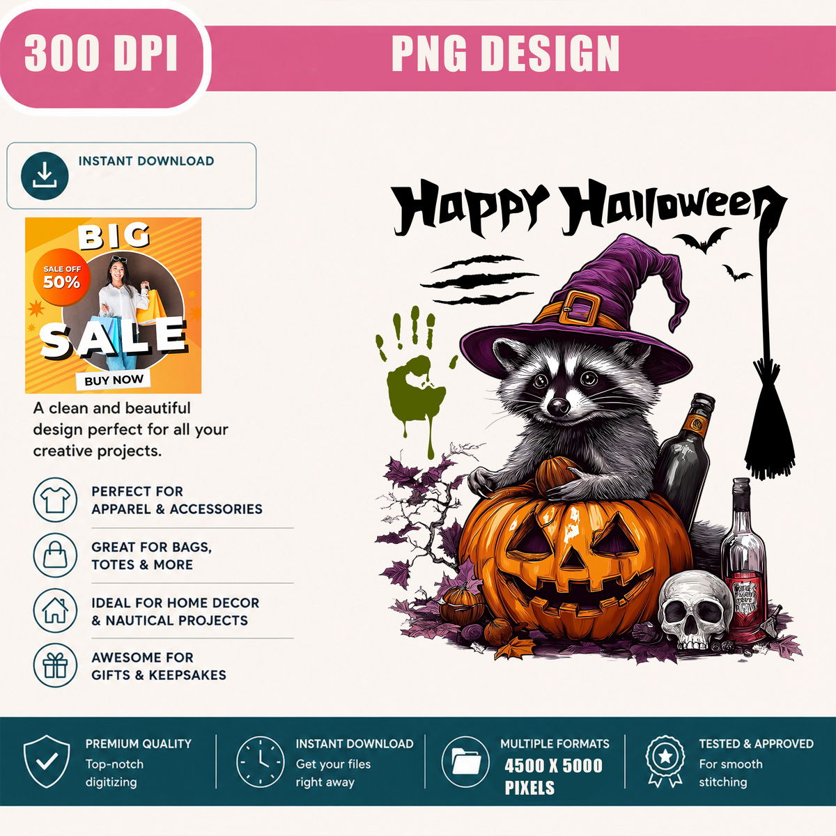 Witch Raccoon PNG Sublimation Design - Spooky Purple Hat Raccoon Pumpkin Wine Skull Digital File (4500x5000px, 300 DPI Transparent PNG)