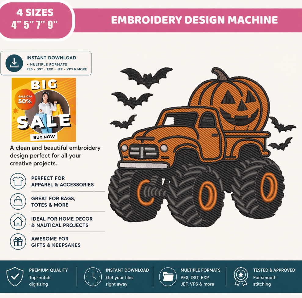 Halloween Monster Truck Embroidery Design, Pumpkin Monster Truck Machine Embroidery File, Jack O Lantern Truck, PES DST EXP JEF VP3 HUS XXX