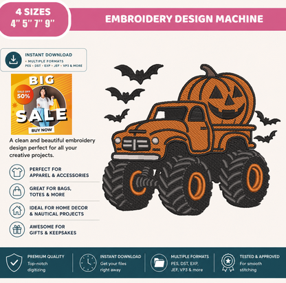 Halloween Monster Truck Embroidery Design, Pumpkin Monster Truck Machine Embroidery File, Jack O Lantern Truck, PES DST EXP JEF VP3 HUS XXX