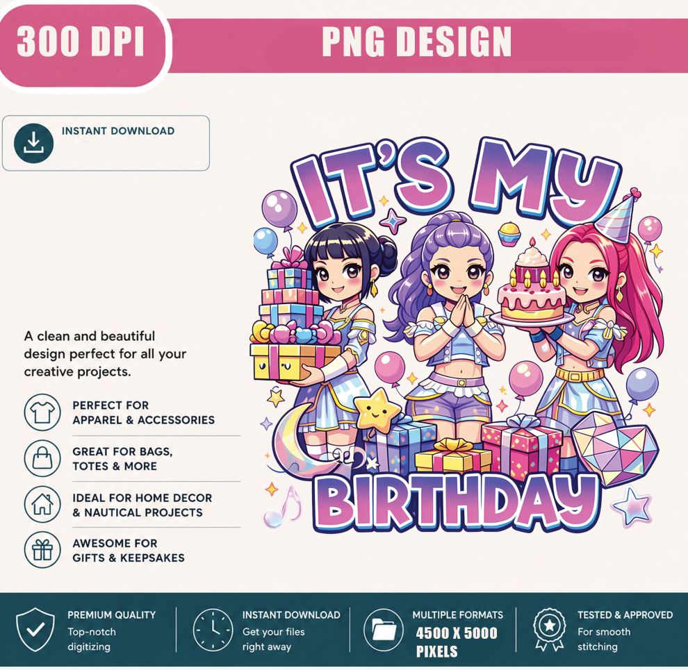 It's My Birthday PNG, Cute Kawaii Chibi Birthday Girls, Birthday Party Shirt Design, Printable PNG Digital Download