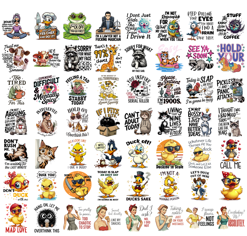 Funny Duck PNG Bundle, Sarcastic Animal Quotes, Retro Cat Owl Frog Raccoon Shirt Designs, Sublimation PNG Digital Download
