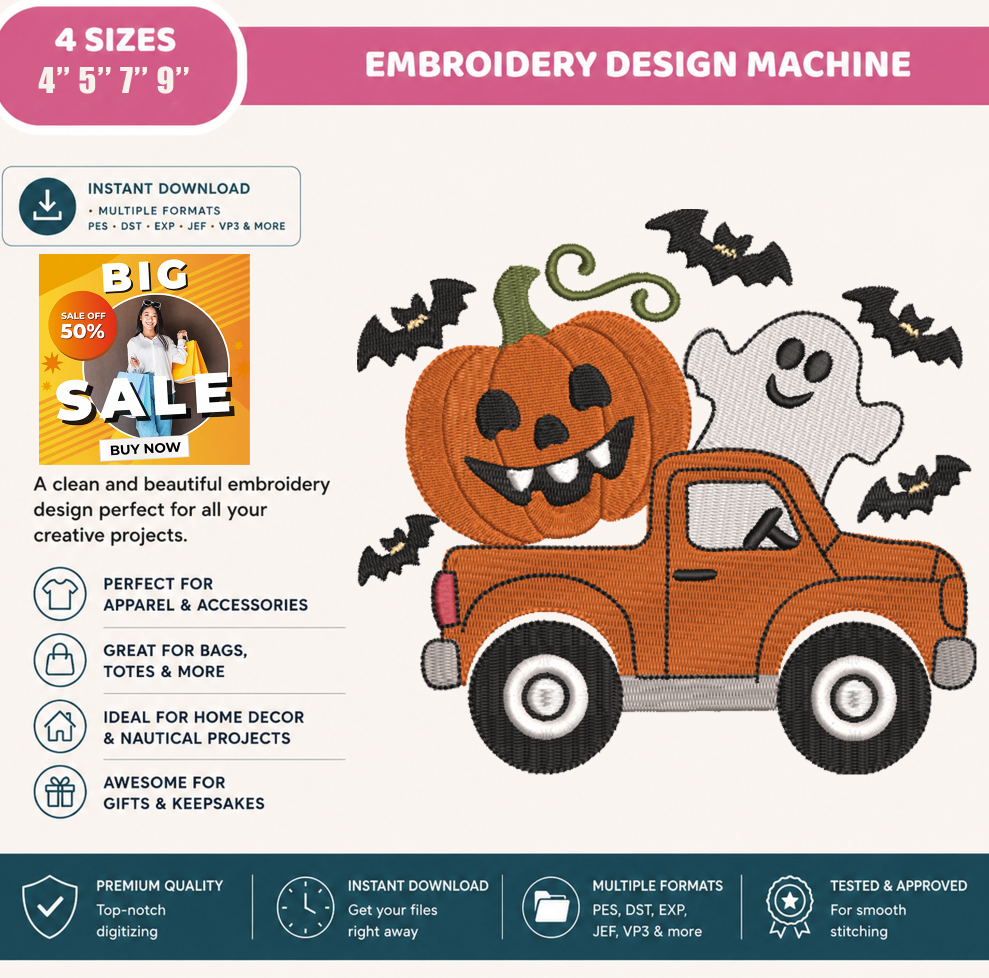 Halloween Pumpkin Truck Embroidery Design, Vintage Pickup with Ghost & Jack O Lantern Machine Embroidery File, PES DST EXP JEF VP3 HUS XXX
