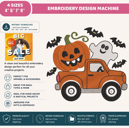 Halloween Pumpkin Truck Embroidery Design, Vintage Pickup with Ghost & Jack O Lantern Machine Embroidery File, PES DST EXP JEF VP3 HUS XXX