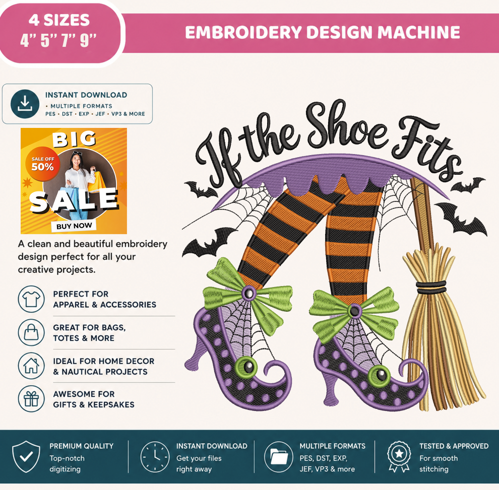 If the Shoe Fits Halloween Witch Shoes Embroidery Design, Cute Witch Boots & Broom Machine Embroidery File, PES DST EXP JEF VP3 HUS XXX