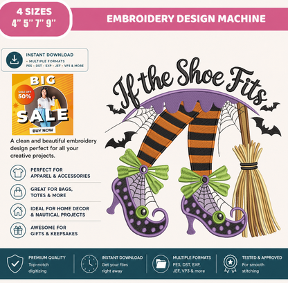 If the Shoe Fits Halloween Witch Shoes Embroidery Design, Cute Witch Boots & Broom Machine Embroidery File, PES DST EXP JEF VP3 HUS XXX
