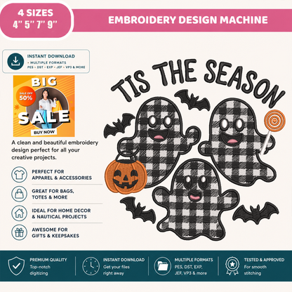 Tis The Season Plaid Ghost Machine Embroidery Design - Buffalo Plaid Halloween Digital File (4in, 5in, 7in, 9in) - EMB, DST, JEF, EXP, PES, VP3, HUS, XXX