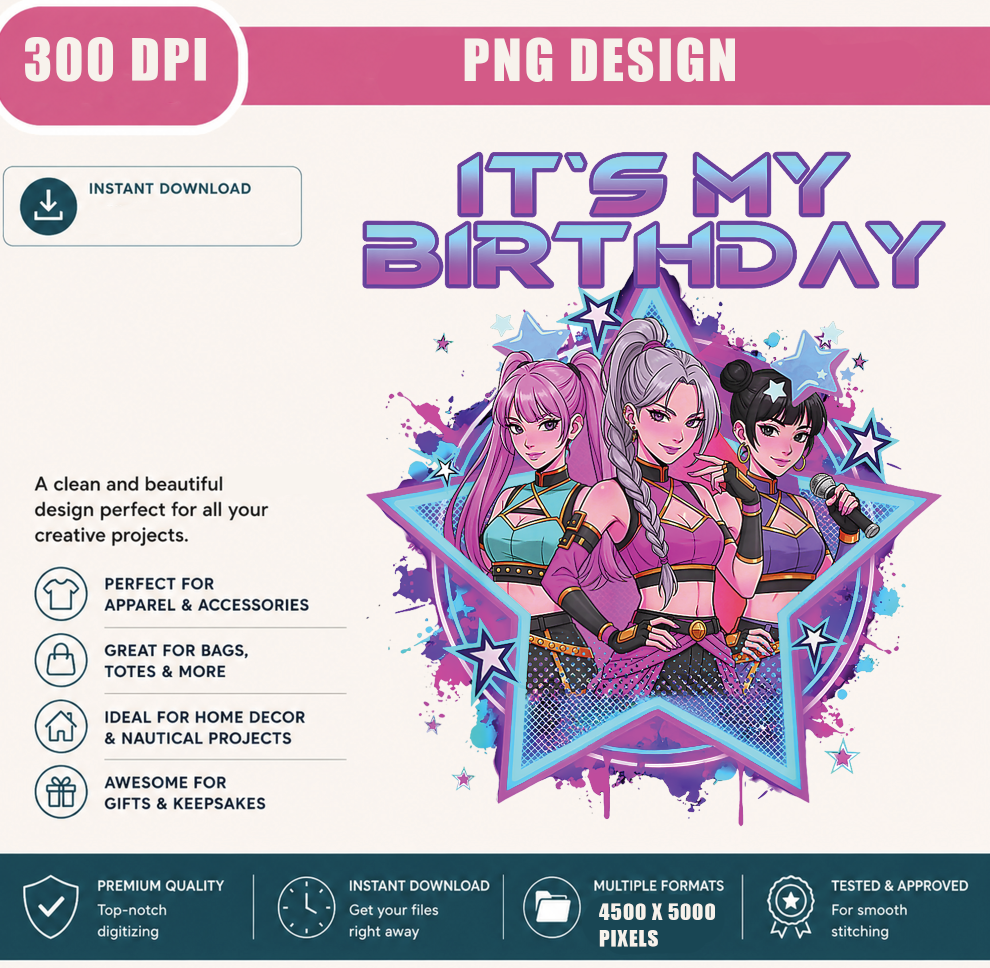 It's My Birthday PNG, Cute Kawaii Chibi Birthday Girls, Birthday Party Shirt Design, Printable PNG Digital Download