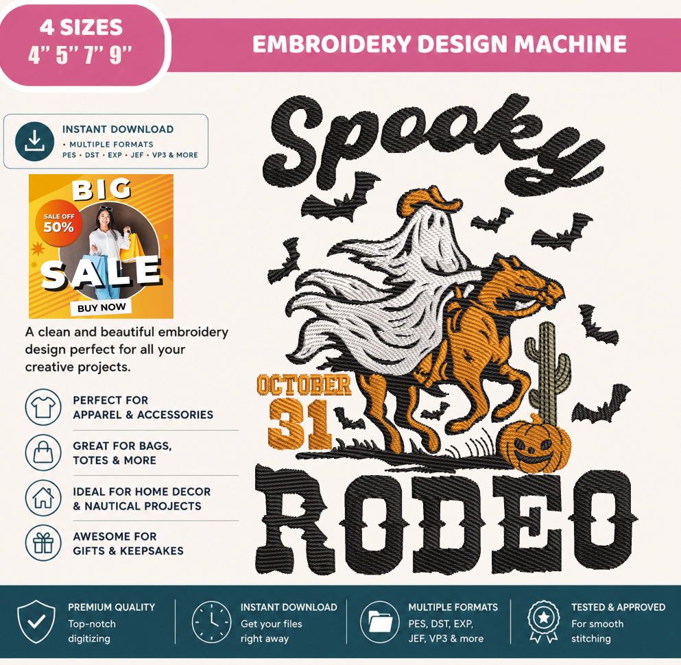 Spooky Rodeo Embroidery Design, Halloween Cowboy Ghost Riding Horse Machine Embroidery File, Western Halloween, PES DST EXP JEF VP3 HUS XXX