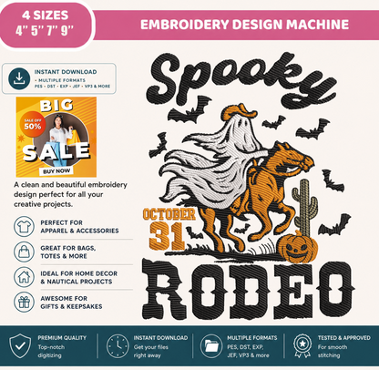 Spooky Rodeo Embroidery Design, Halloween Cowboy Ghost Riding Horse Machine Embroidery File, Western Halloween, PES DST EXP JEF VP3 HUS XXX