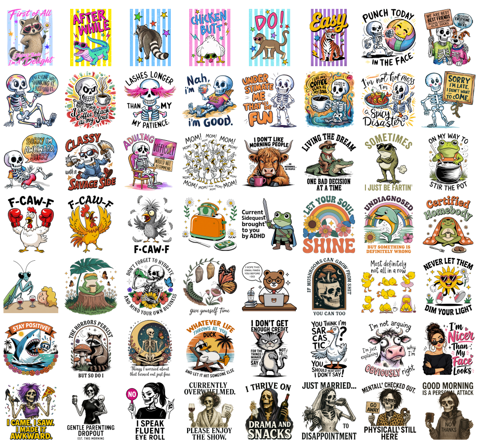 Funny Sarcastic PNG Bundle, Coffee Skeleton Animal Meme Quotes, ADHD Humor Shirt Designs, Sublimation PNG Digital Download