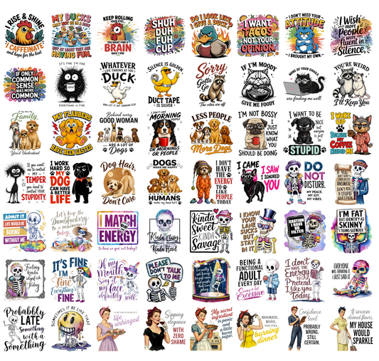 Funny Animal PNG Bundle, Sarcastic Quotes, Duck Dog Cat Chicken Skeleton Retro Vintage Shirt Designs, Sublimation PNG Digital Download