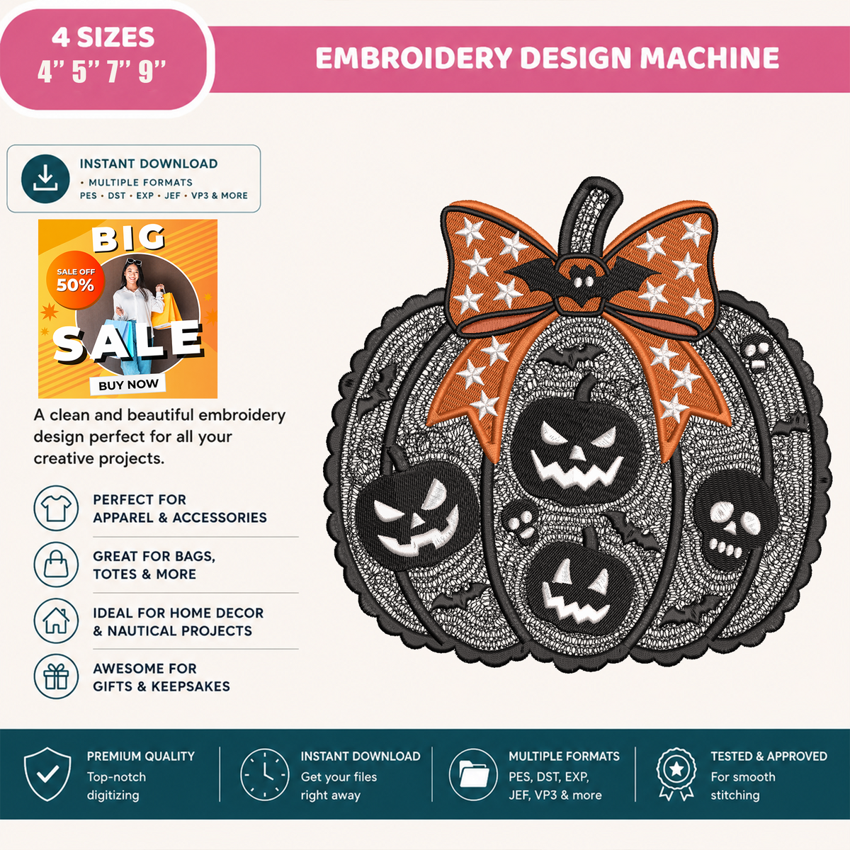 Spooky Lace Pumpkin with Bow Machine Embroidery Design - Halloween Skull & Star Digital File (4in, 5in, 7in, 9in) - EMB, DST, JEF, EXP, PES, VP3, HUS, XXX