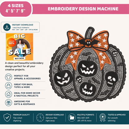Spooky Lace Pumpkin with Bow Machine Embroidery Design - Halloween Skull & Star Digital File (4in, 5in, 7in, 9in) - EMB, DST, JEF, EXP, PES, VP3, HUS, XXX