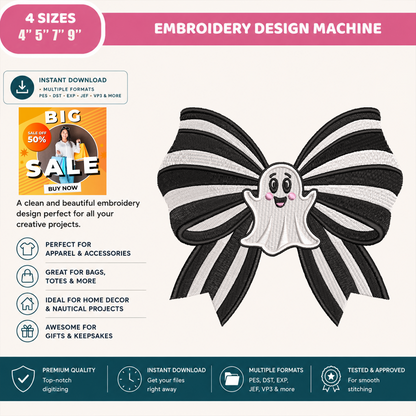 Coquette Ghost Bow Machine Embroidery Design - Black White Striped Bow Halloween Digital File (4in, 5in, 7in, 9in) - EMB, DST, JEF, EXP, PES, VP3, HUS, XXX