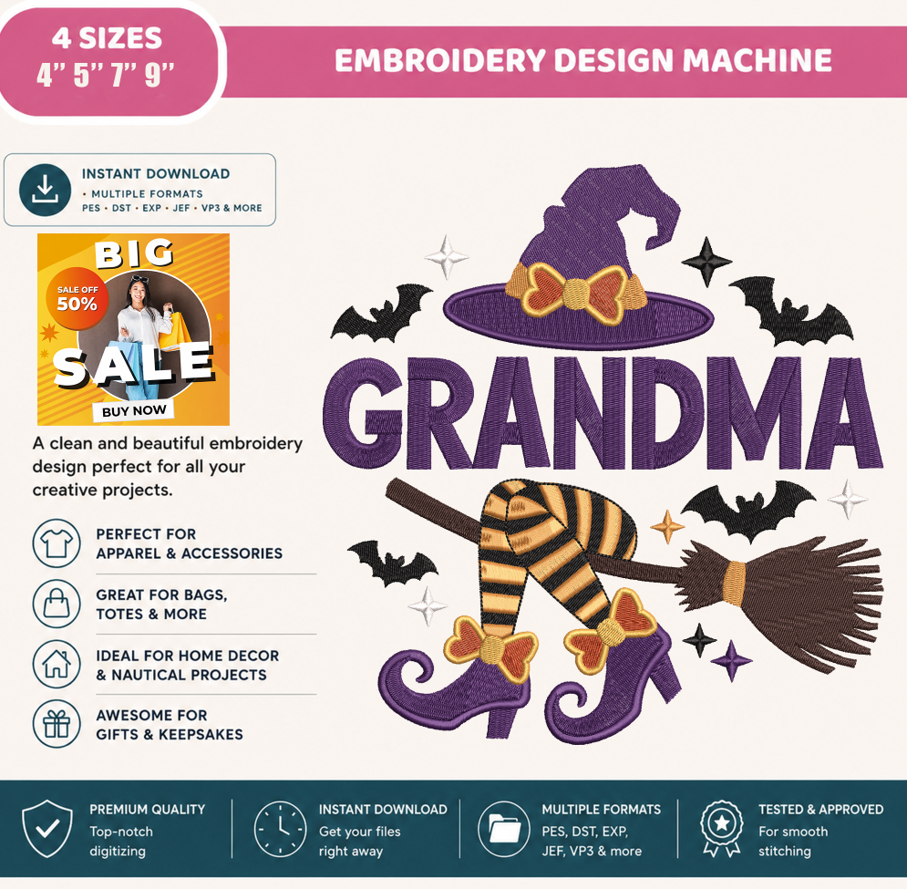 Halloween Grandma Witch Embroidery Design, Grandma Witch Hat & Boots Machine Embroidery File, Spooky Grandma, PES DST EXP JEF VP3 HUS XXX
