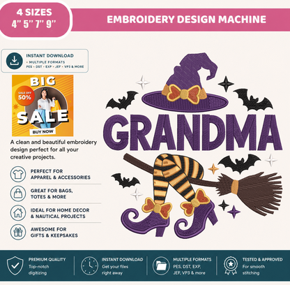 Halloween Grandma Witch Embroidery Design, Grandma Witch Hat & Boots Machine Embroidery File, Spooky Grandma, PES DST EXP JEF VP3 HUS XXX