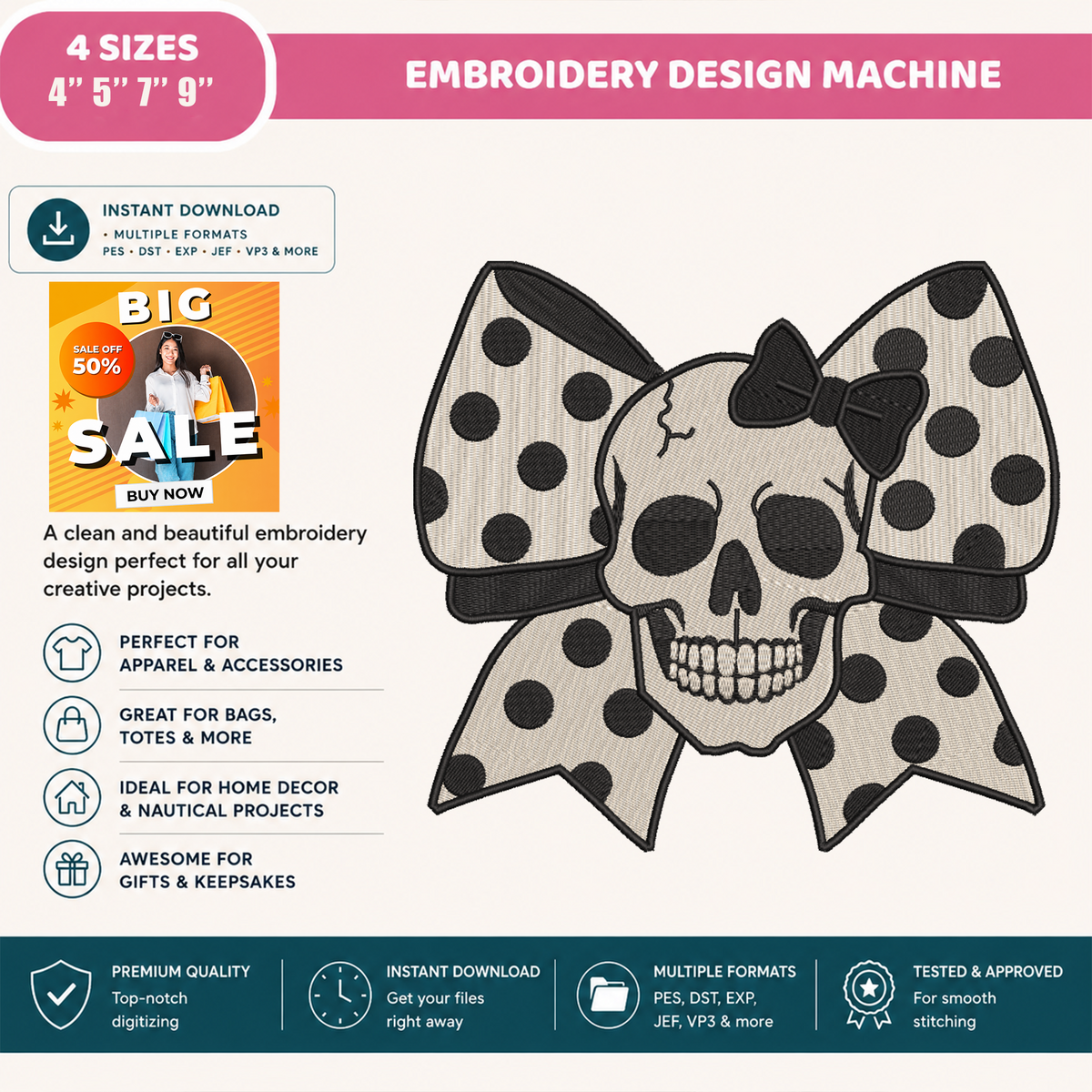 Coquette Skull Bow Machine Embroidery Design - Polka Dot Halloween Gothic Digital File (4in, 5in, 7in, 9in) - EMB, DST, JEF, EXP, PES, VP3, HUS, XXX