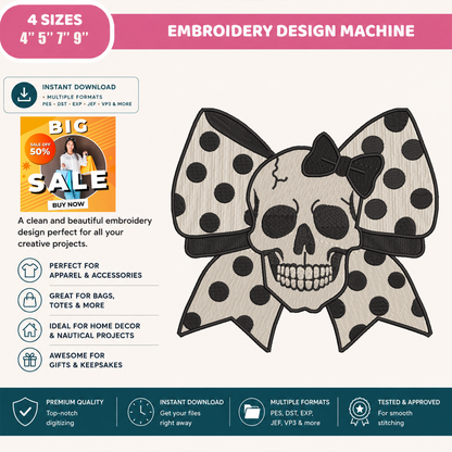 Coquette Skull Bow Machine Embroidery Design - Polka Dot Halloween Gothic Digital File (4in, 5in, 7in, 9in) - EMB, DST, JEF, EXP, PES, VP3, HUS, XXX