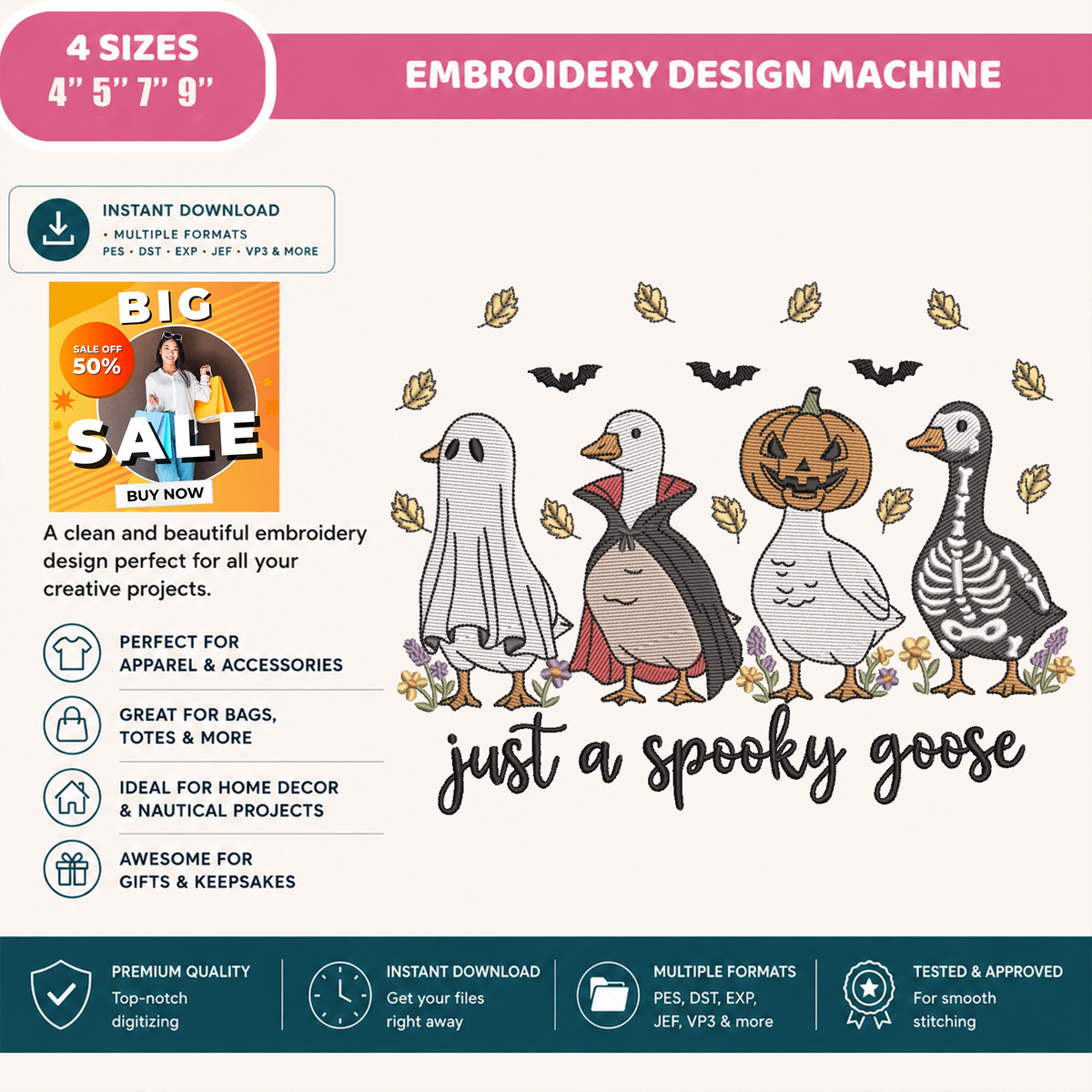 Just A Spooky Goose Machine Embroidery Design - Floral Halloween Geese Costume Digital File (4in, 5in, 7in, 9in) - EMB, DST, JEF, EXP, PES, VP3, HUS, XXX