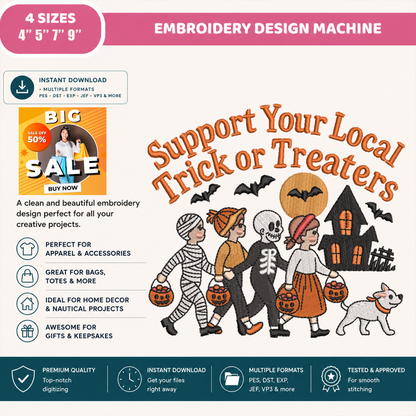 Support Your Local Trick or Treaters Embroidery Design, Halloween Kids Trick or Treat Machine Embroidery File, Cute Skeleton & Costume, PES DST EXP JEF VP3 HUS XXX
