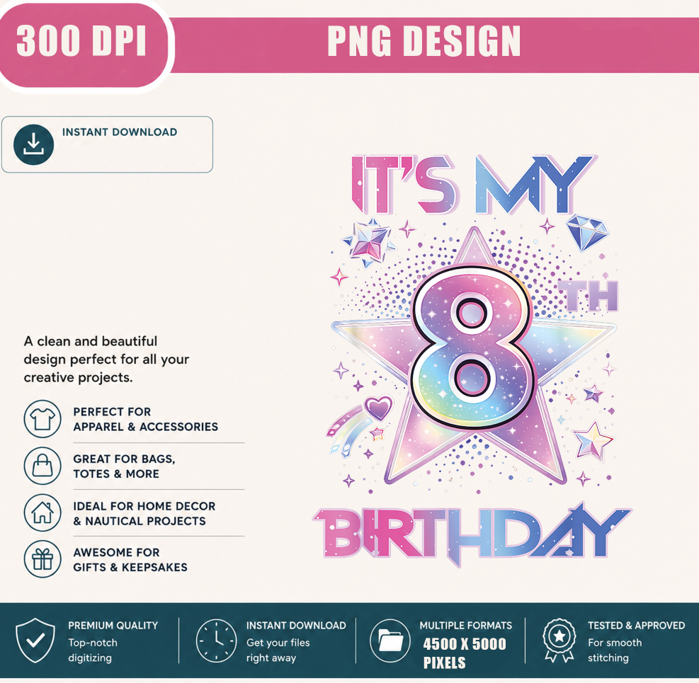 It's My 8th Birthday PNG, Cute Pastel Star Birthday Girl, Kids Birthday Shirt Design, Printable PNG Digital Download