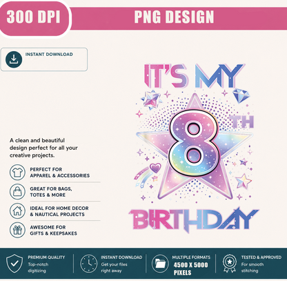 It's My 8th Birthday PNG, Cute Pastel Star Birthday Girl, Kids Birthday Shirt Design, Printable PNG Digital Download