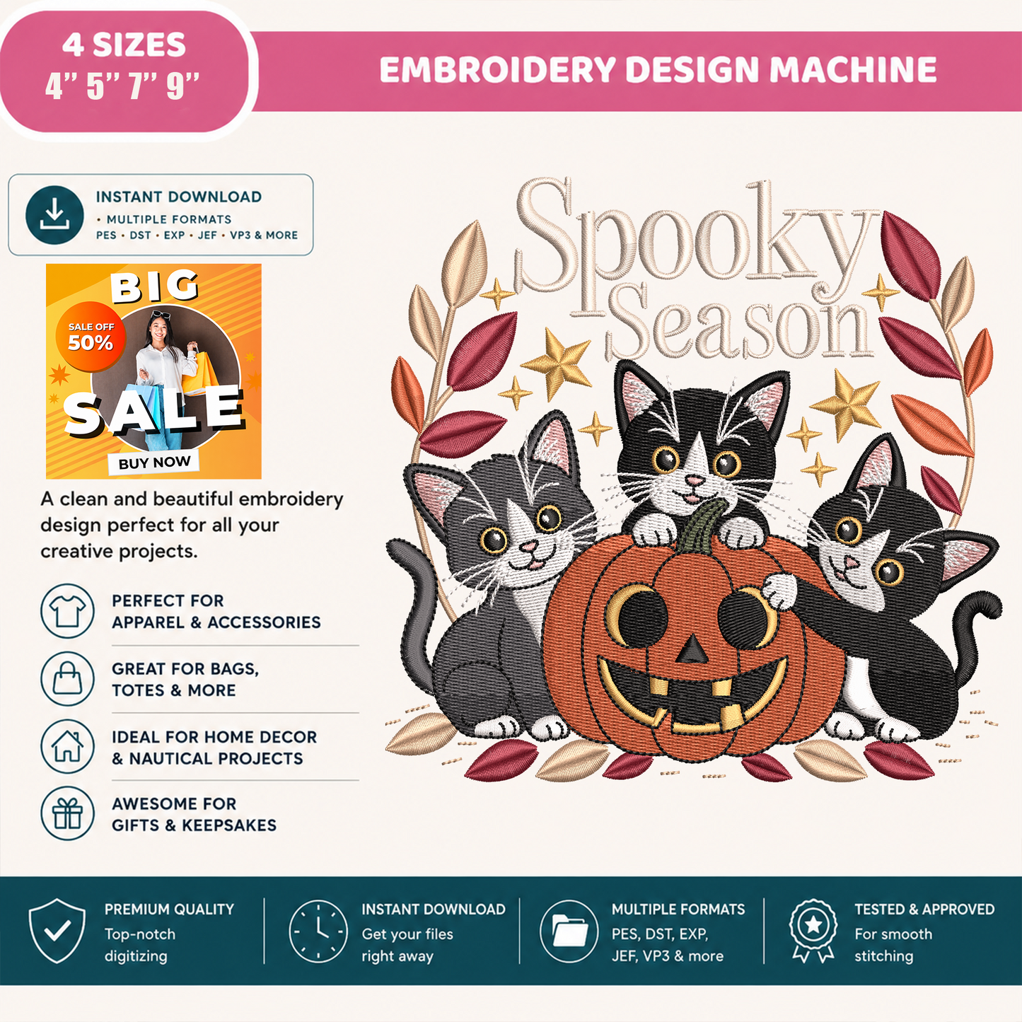 Spooky Season Black Cat Machine Embroidery Design - Tuxedo Kittens Pumpkin Digital File (4in, 5in, 7in, 9in) - EMB, DST, JEF, EXP, PES, VP3, HUS, XXX