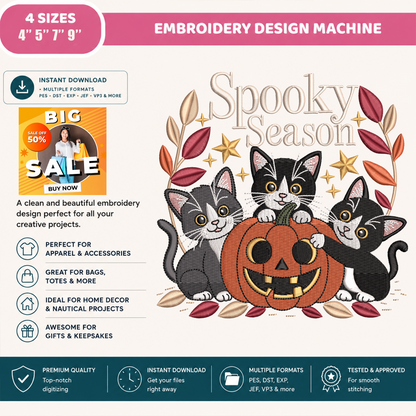 Spooky Season Black Cat Machine Embroidery Design - Tuxedo Kittens Pumpkin Digital File (4in, 5in, 7in, 9in) - EMB, DST, JEF, EXP, PES, VP3, HUS, XXX