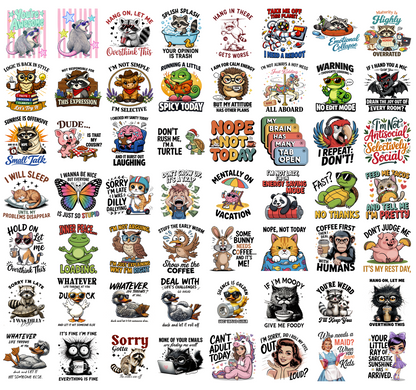 Funny Animal PNG Bundle, Sarcastic Quotes, Raccoon Cat Owl Turtle Coffee Humor Shirt Designs, Sublimation PNG Digital Download