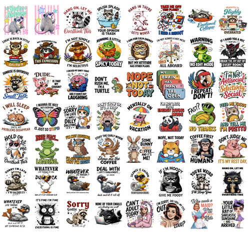 Funny Animal PNG Bundle, Sarcastic Quotes, Raccoon Cat Owl Turtle Coffee Humor Shirt Designs, Sublimation PNG Digital Download