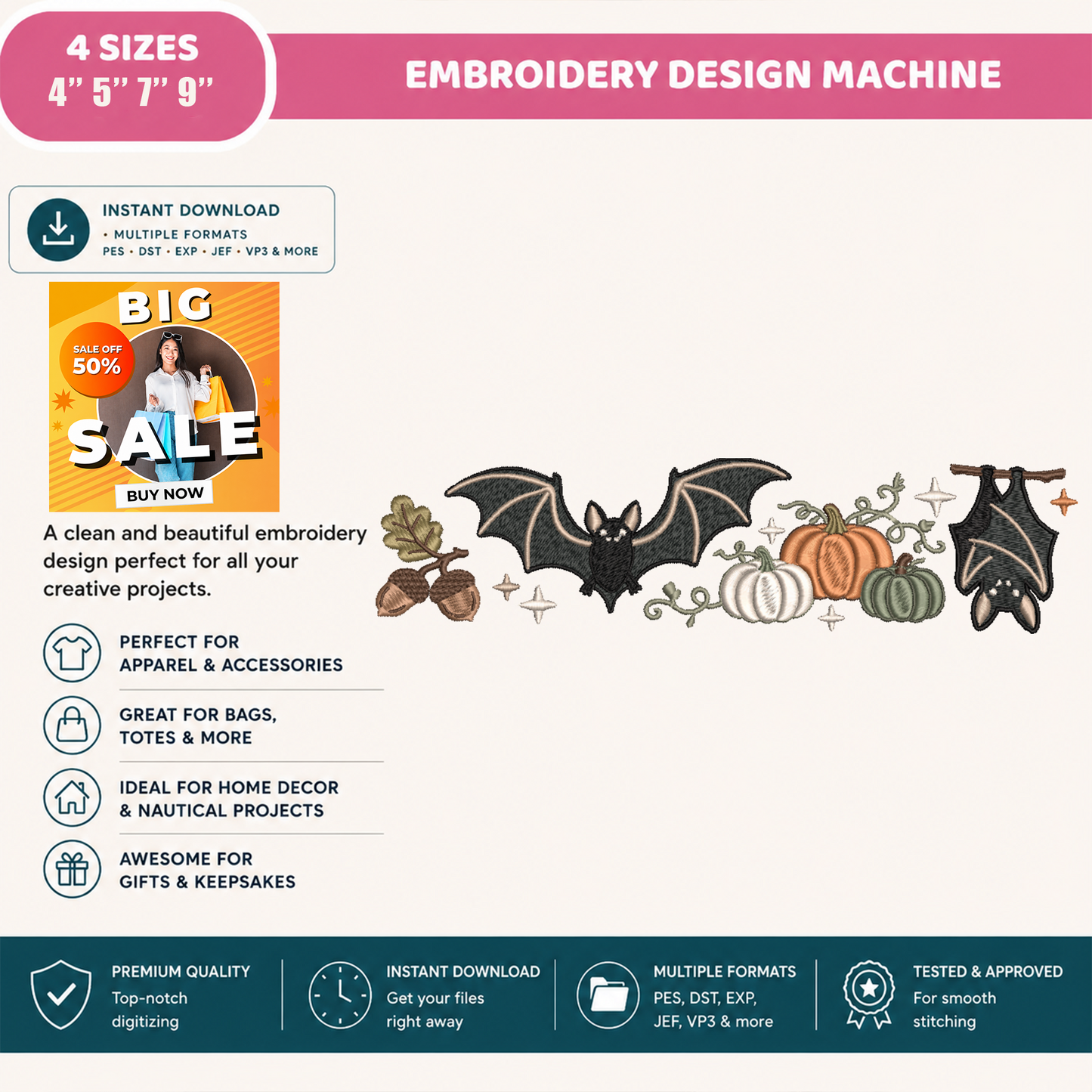 Bats and Pumpkins Neckline Border Machine Embroidery Design - Vintage Fall Halloween Sweatshirt Line Digital File (4in, 5in, 7in, 9in) - EMB, DST, JEF, EXP, PES, VP3, HUS, XXX