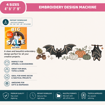 Bats and Pumpkins Neckline Border Machine Embroidery Design - Vintage Fall Halloween Sweatshirt Line Digital File (4in, 5in, 7in, 9in) - EMB, DST, JEF, EXP, PES, VP3, HUS, XXX