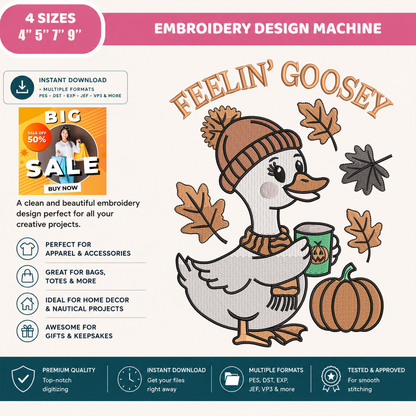 Feelin' Goosey Machine Embroidery Design - Cute Fall Goose Coffee Pumpkin Digital File (4in, 5in, 7in, 9in) - EMB, DST, JEF, EXP, PES, VP3, HUS, XXX