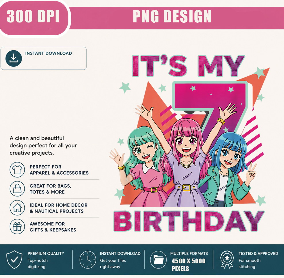 It's My 7th Birthday PNG, Cute Kawaii Birthday Girl, Anime Style Kids Party Shirt Design, Printable Digital Download