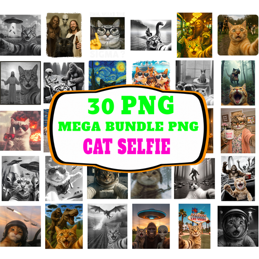 Funny Cat Selfie PNG Bundle - Hilarious Cat Meme & Alien Sublimation Designs 300 DPI