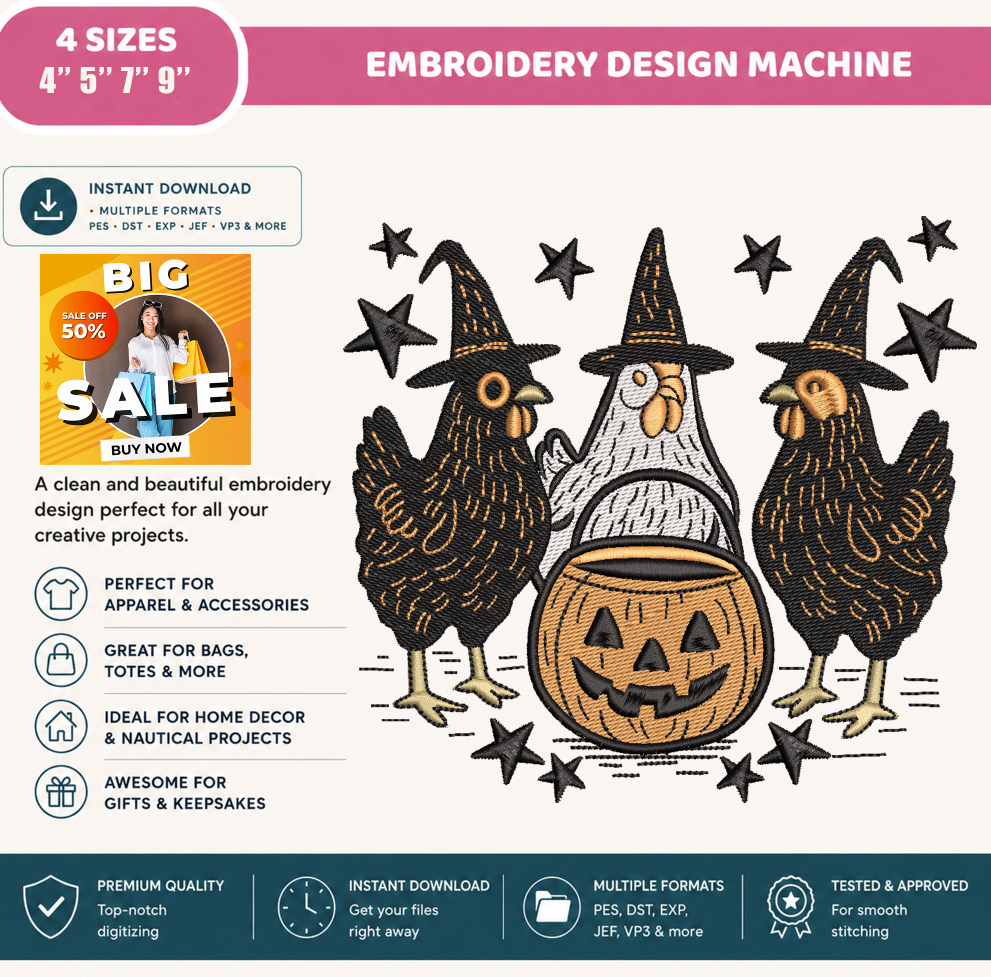 Halloween Chicken Embroidery Design, Witch Hen Trio with Jack O Lantern, Farmhouse Halloween Machine Embroidery File, PES DST EXP JEF VP3 HUS XXX, Instant Download