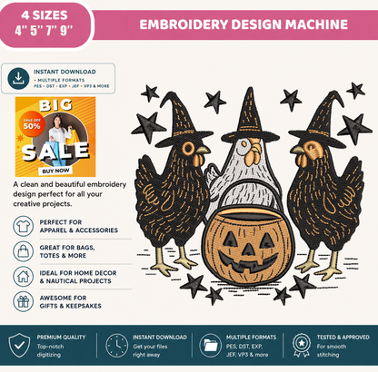 Halloween Chicken Embroidery Design, Witch Hen Trio with Jack O Lantern, Farmhouse Halloween Machine Embroidery File, PES DST EXP JEF VP3 HUS XXX, Instant Download