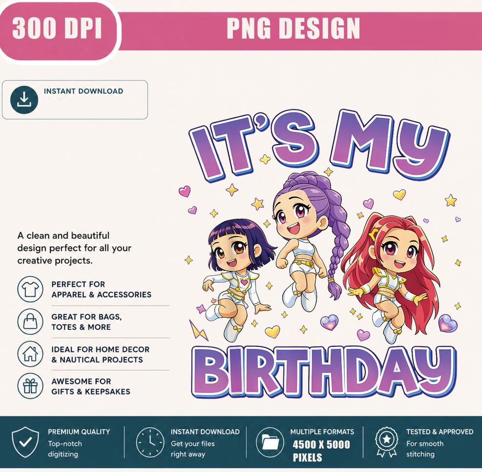 It's My Birthday PNG, Cute Kawaii Chibi Birthday Girls, Birthday Party Shirt Design, Printable PNG Digital Download