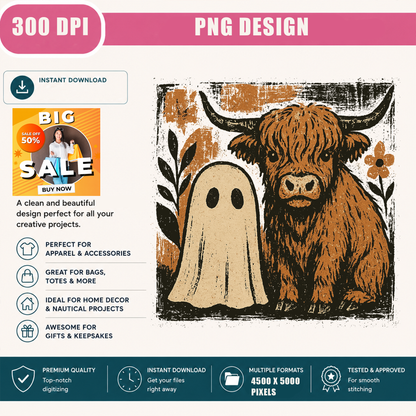 Spooky Highland Cow PNG Sublimation Design - Vintage Western Ghost Farmhouse Halloween Digital File (4500x5000px, 300 DPI Transparent PNG)