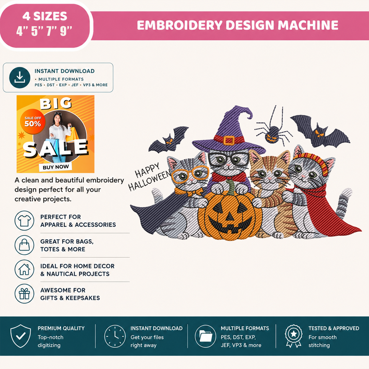 Halloween Kittens Pumpkin Machine Embroidery Design - Cute Cats Witch Spooky Digital File (4in, 5in, 7in, 9in) - EMB, DST, JEF, EXP, PES, VP3, HUS, XXX