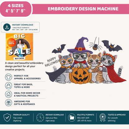 Halloween Kittens Pumpkin Machine Embroidery Design - Cute Cats Witch Spooky Digital File (4in, 5in, 7in, 9in) - EMB, DST, JEF, EXP, PES, VP3, HUS, XXX
