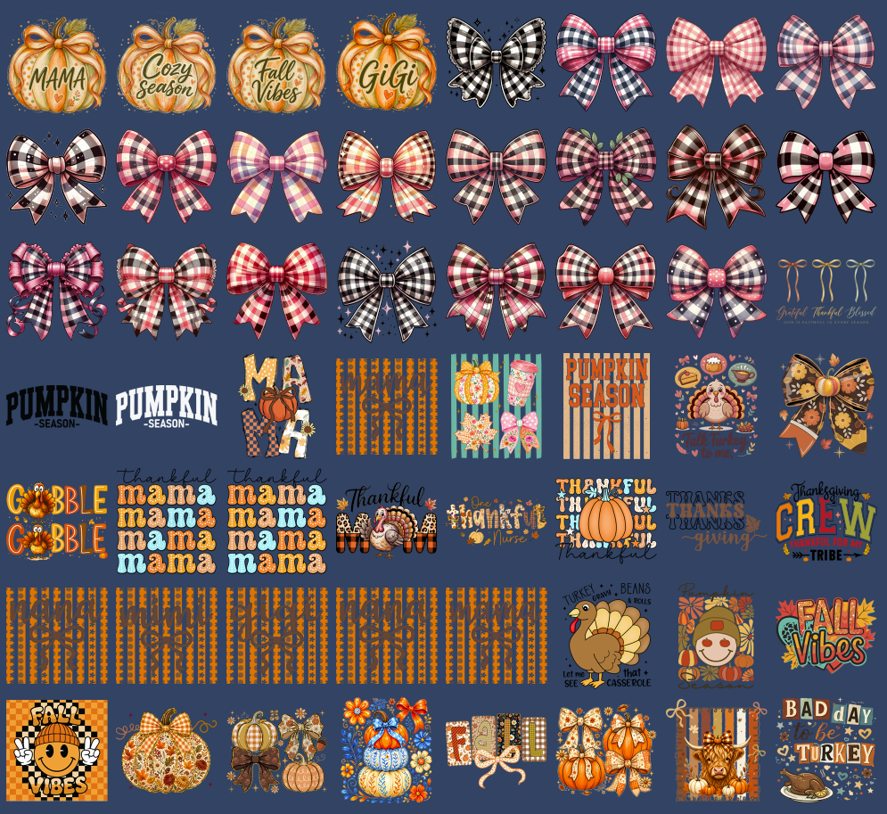Fall Coquette PNG Bundle, Pumpkin Bows, Fall Vibes, Thankful, Thanksgiving Shirt Designs, Printable Digital Download