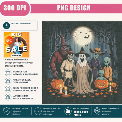 Vintage Halloween PNG, Spooky Ghost Alien Bigfoot Skeleton Pumpkin PNG, Retro Halloween Shirt Design, Horror Digital Download, 300 DPI Transparent PNG