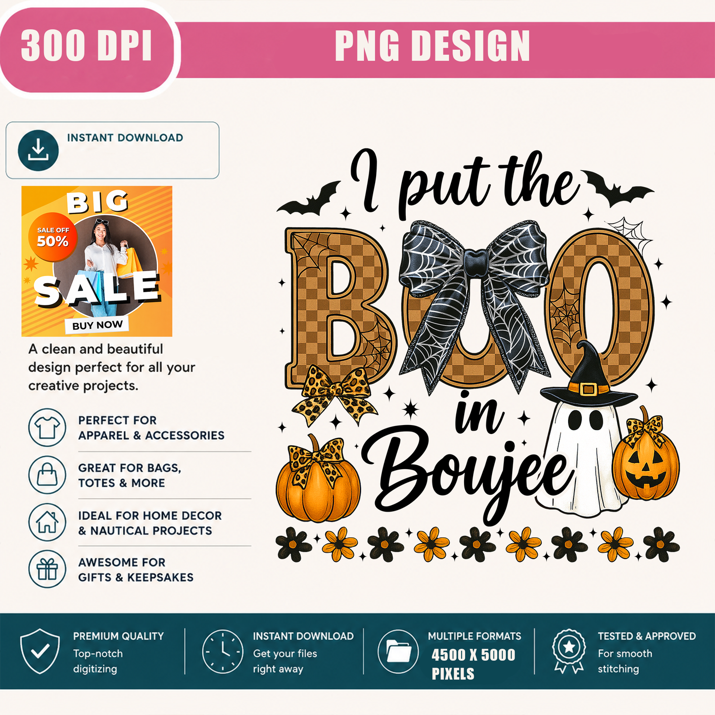BOO Halloween PNG Sublimation Design - Coquette Spiderweb Leopard Bow Ghost Pumpkin Digital File (4500x5000px, 300 DPI Transparent PNG)