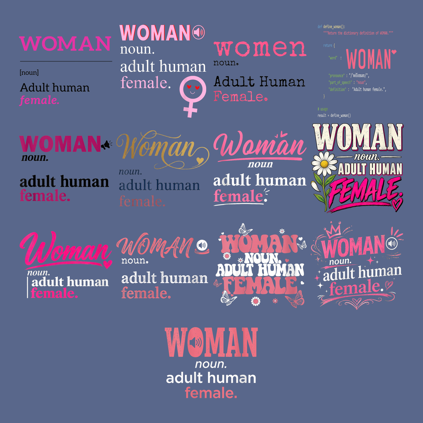 Woman Definition PNG Bundle, Adult Human Female PNG, Woman Noun Definition, Feminist Typography PNG, Pink Woman Sublimation Design